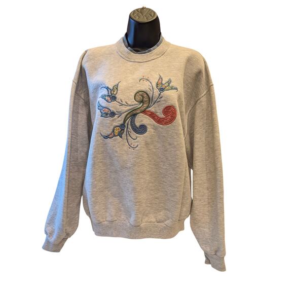 Vintage Jerzees Sweatshirt Women Large Embroidered Floral Pullover Retro 90s - Picture 3 of 15